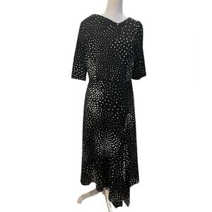 Teri Jon Polka Dots Elbow Sleeve Asymmetric Draped Midi Dress Size 8
